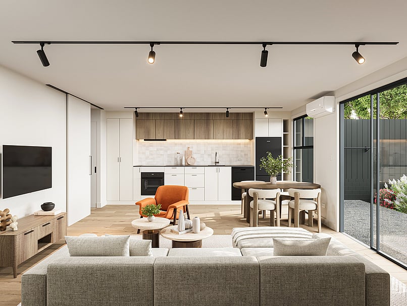 Lounge interior image of Highgate Ridge townhouse in Maori Hill by MJW Homes. Dunedin, Otago NZ