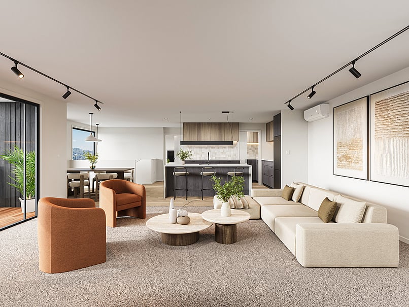 Lounge interior image of Highgate Ridge townhouse in Maori Hill by MJW Homes. Dunedin, Otago NZ