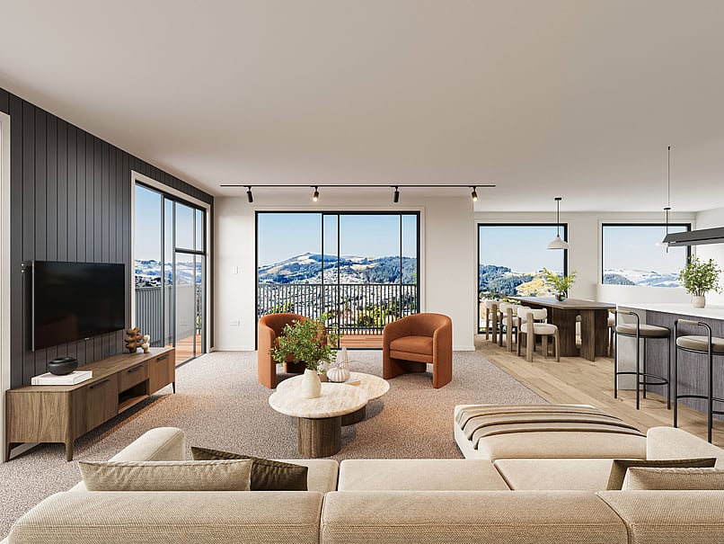 Lounge interior image of Highgate Ridge townhouse in Maori Hill by MJW Homes. Dunedin, Otago NZ
