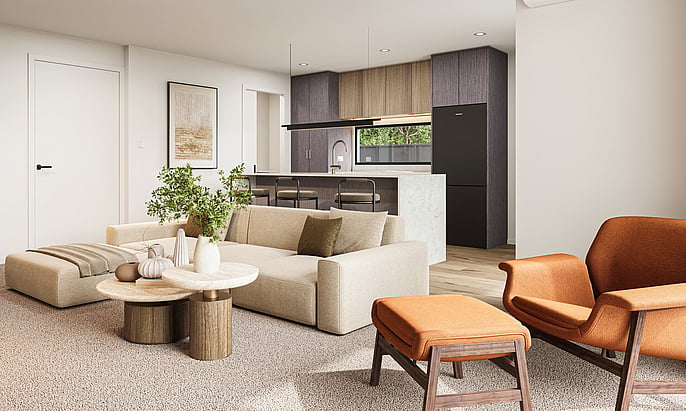 Lounge interior image of Highgate Ridge townhouse in Maori Hill by MJW Homes. Dunedin, Otago NZ
