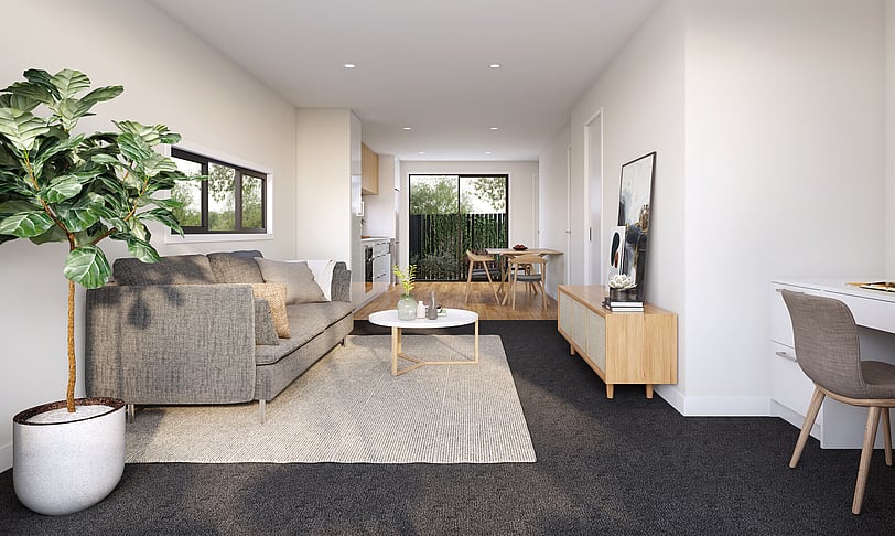 Image of lounge inside the South Station house development by MJW Homes. Dunedin, Otago NZ