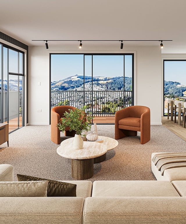 Lounge interior image of Highgate Ridge townhouse in Maori Hill by MJW Homes. Dunedin, Otago NZ