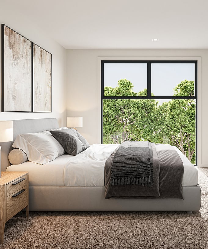 Image of warm contemporary bedroom at Hightridge Gate townhouse collection at Maori Hill by MJW Homes. Dunedin, Otago.