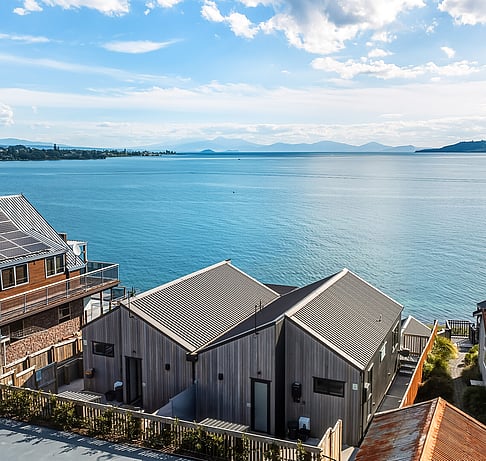 Drone shot of lakefront accommodation in Taupo, New Zealand