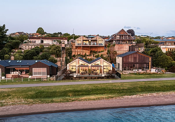 Roam Taupo self-contained units along the Lake Terrace waterfront at sunset