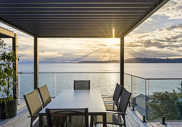 Lake view from the outdoor dining area at a Roam Taupo upper terrace unit