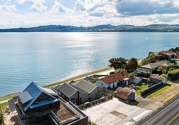 Aerial lake view from Roam Taupo lakefront units