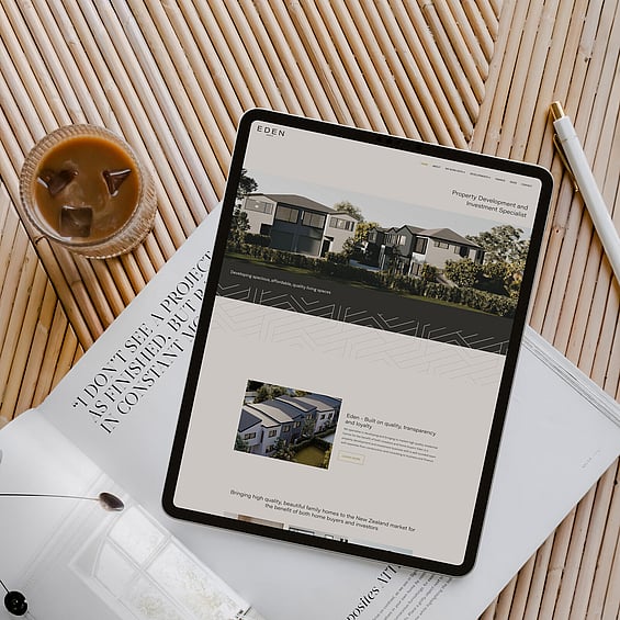 Image of ipad mockup with Eden Construction's website on a coffee table. Designed by Creative Box. Waikato. New Zealand.
