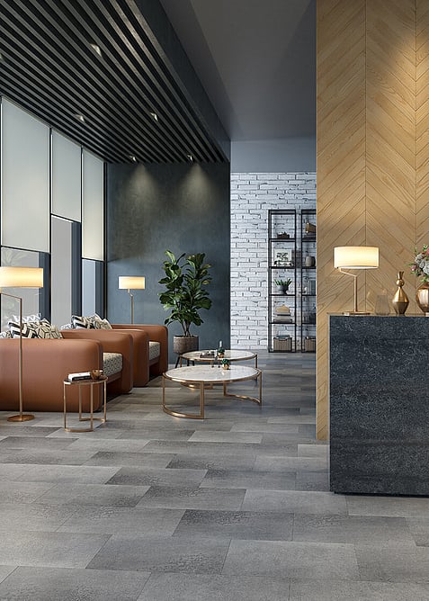 Grey vinyl tile hybrid floor in a office waiting area.