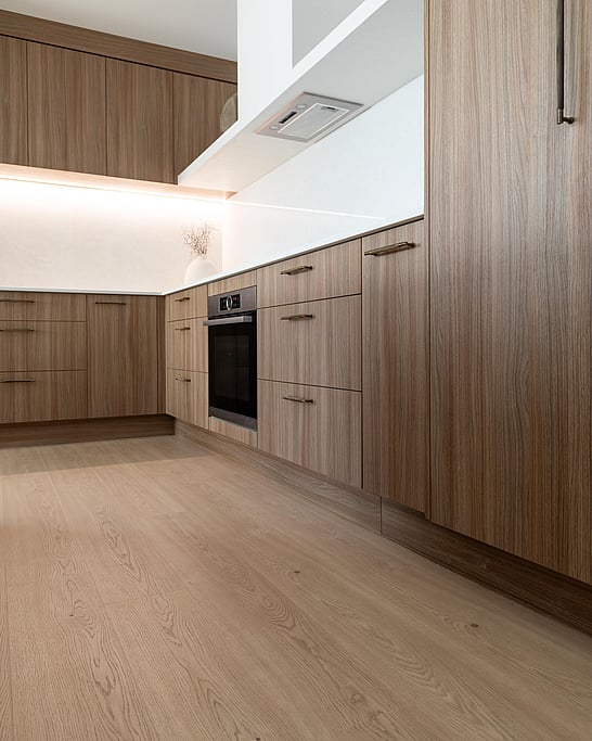 Laminate wood look floor in a bathroom.