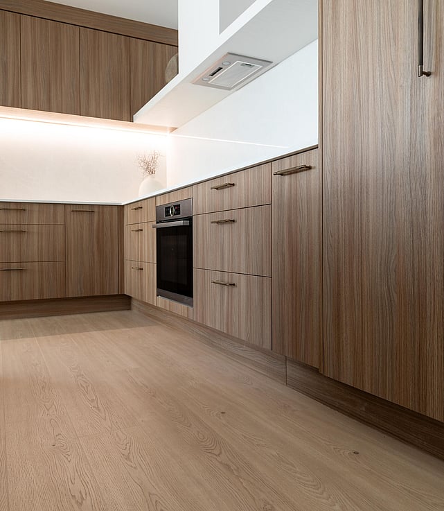 Laminate wood look floor in a bathroom.