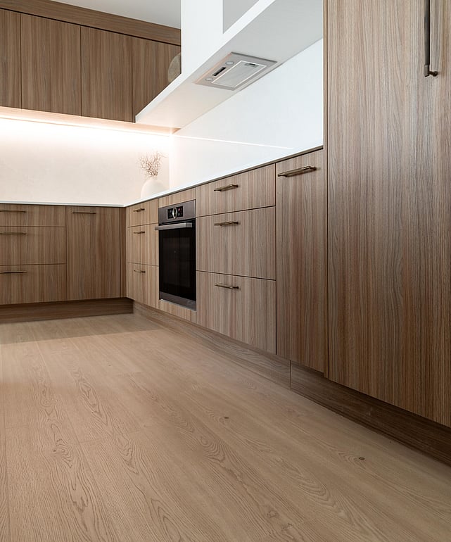 Laminate wood look floor in a bathroom.