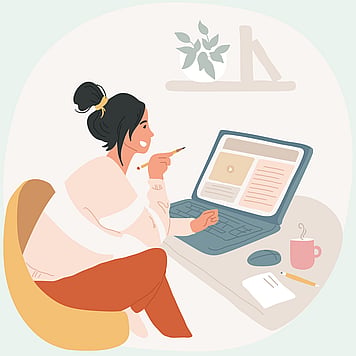 Animated woman sitting at desk with laptop