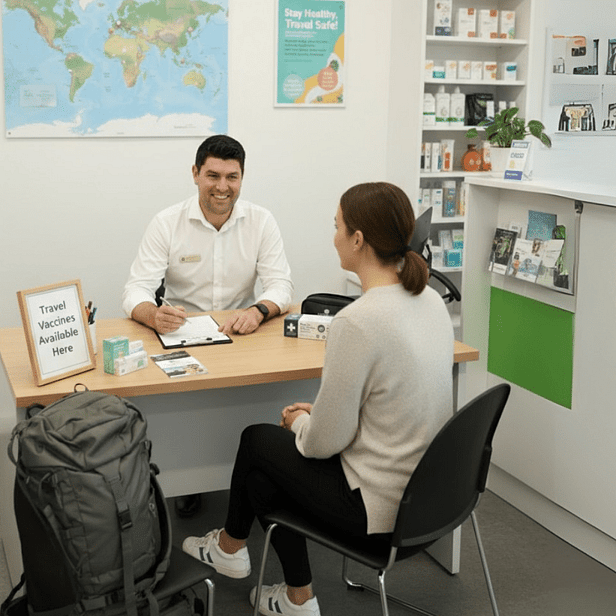 Travel pharmacist consulting patient at Sumner Pharmacy travel clinic, Christchurch