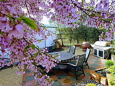 Outdoor patio area with table and chairs