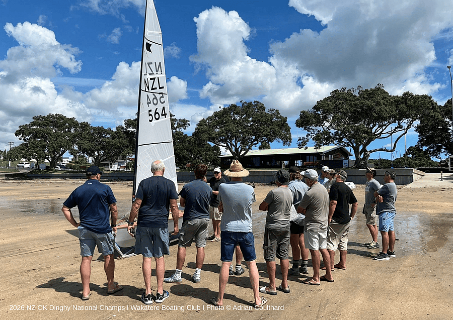 OK Dinghy fleet racing at the 2026 NZ Nationals off Wakatere Boating Club