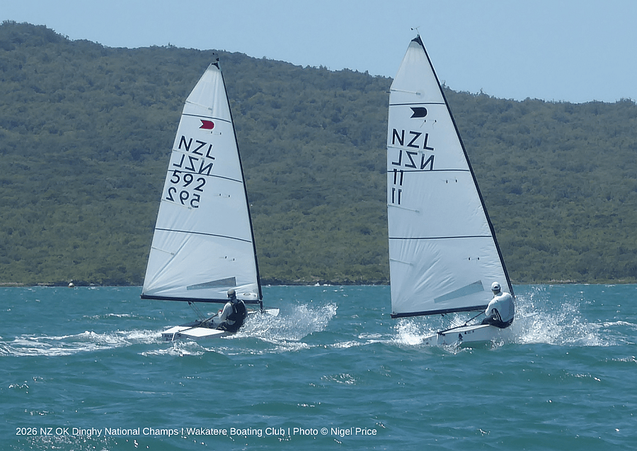 OK Dinghy sailors racing on Day 1 of the 2026 NZ Nationals