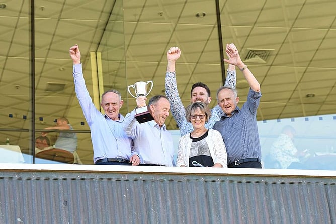 The Dennis Brothers celebrate following The Chosen One's victory in the Gr.1 Thorndon Mile (1600m). -  Photo: Peter Rubery (Race Images Palmerston North)