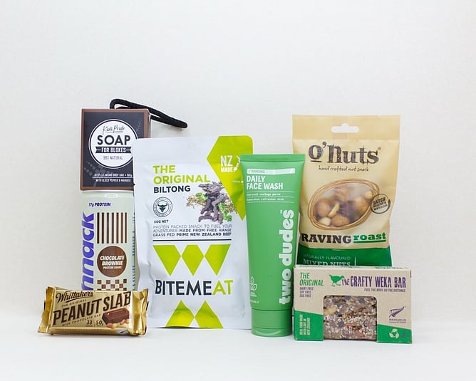 Bits and Bobs gift box NZ &mdash; NZ-made gift box for him with face wash, protein drink, artisan soap and muesli bar