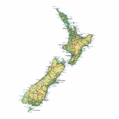 A close up of a coloured 2D map showing New Zealand. 