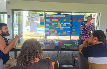 Workshop group discussion with facilitator standing beside boards covered in colourful sticky notes during planning session