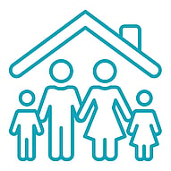 Family Violence Intervention and Prevention icon drawing of a family of a man, woman and two kids standing under a house roof