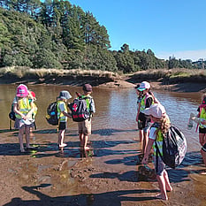 Children walking through shallow water