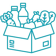 Foodbank icon of a carboard box full of fruit, vegetables and drinks