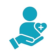 Medical Drives icon of a hand holding a person with a cross inside a heart