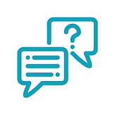 Advice and Advocacy icon of a question mark in a speech bubble and text lines in a speech bubble