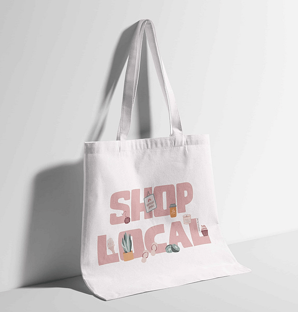 Image of Shop Local&rsquo;s logo on a tote bag. By Creative Box