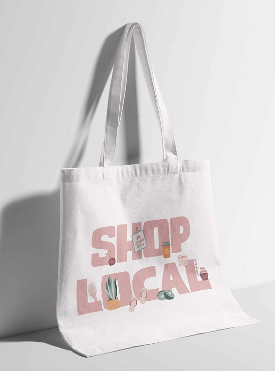 Image of Shop Local&rsquo;s logo on a tote bag. By Creative Box