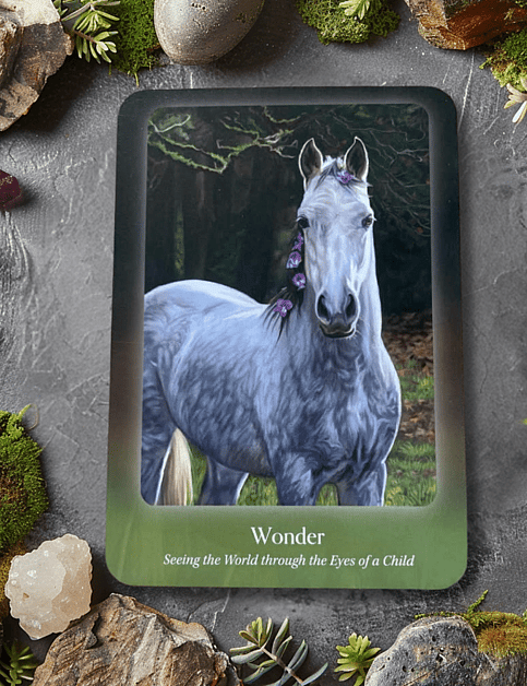 The Council of Horses Oracle - Wonder Card on a moss and gem background