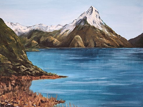 painting of a lake and mountain