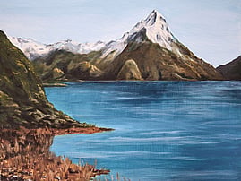 painting of a lake and mountain
