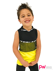 Hip Hop sleeveless singlet in black and Yellow with mesh torso and hood