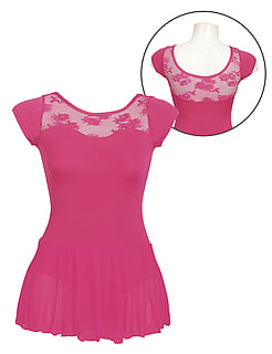 Short Sleeved Leotard Dress in Raspberry Pink with Lace Scooped Neck