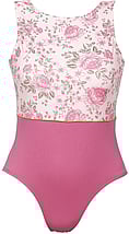 Wide Strap Sleeveless Ballet leotard with flowers in front half and bottom belly in plain Pink