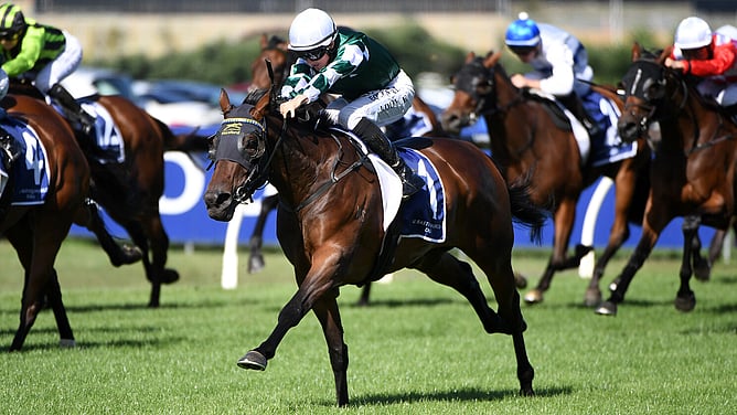 Ohope Wins pictured on her way to victory in Saturday's Gr.1 Al Basti Equiworld Dubai New Zealand Oaks (2400m) at Ellerslie.  - Photo: Kenton Wright (Race Images)