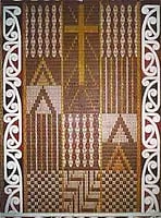 Whanganui-mumu  - - Stylised draught pattern with Māori motifs, symbolising the coming together of two races - Māori and Pākehā - each complimenting the other. Raukumara - Two top patterns in Whanganui-mumu, leaves of the kūmara. The black represents the dying leaves - white the new - regeneration