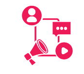 A pink megaphone, speech bubble, and user icon, representing 'Marketing Collateral' text below