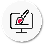 Icon of a computer screen with a paintbrush featuring a pink tip, framed within a white circle, with "Website Design" text below