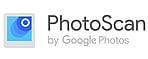 PhotoScan logo with a blue square icon featuring a white camera lens effect, followed by "PhotoScan" in grey sans-serif letters and "by Google Photos" in a smaller font beneath