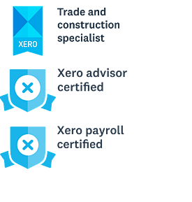 Xero certifications including "Trade and construction specialist," "Xero advisor certified," and "Xero payroll certified," with blue badge icons