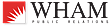 WHAM Public Relations logo with bold black text and a red square on the left, featuring a white abstract burst design