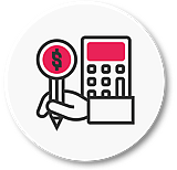 Hand holding a dollar sign marker next to a calculator, framed within a white circle, with "Bookkeeping" text below