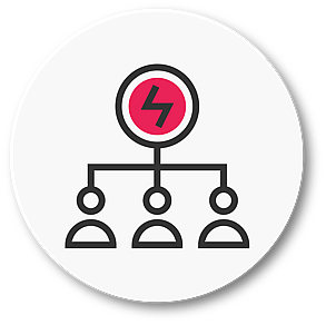 Hierarchy chart icon with a lightning bolt symbol at the top, enclosed in a white circle, with "Executive Assistance" text underneath