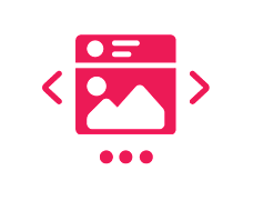 Pink icon of a social media post with arrows on each side, featuring a photo placeholder and three dots beneath, labelled 'Social Media Posts'