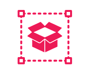 A pink packaging design icon with a box inside a dotted outline, representing 'Packaging Design' text below