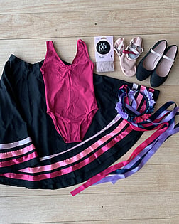 Grade 1-5 Ballet - Mulburry Sleeveless LeotardBlack Character Skirt with Pink RibbonsBallet TightsCharacter ShoesBallet Shoes